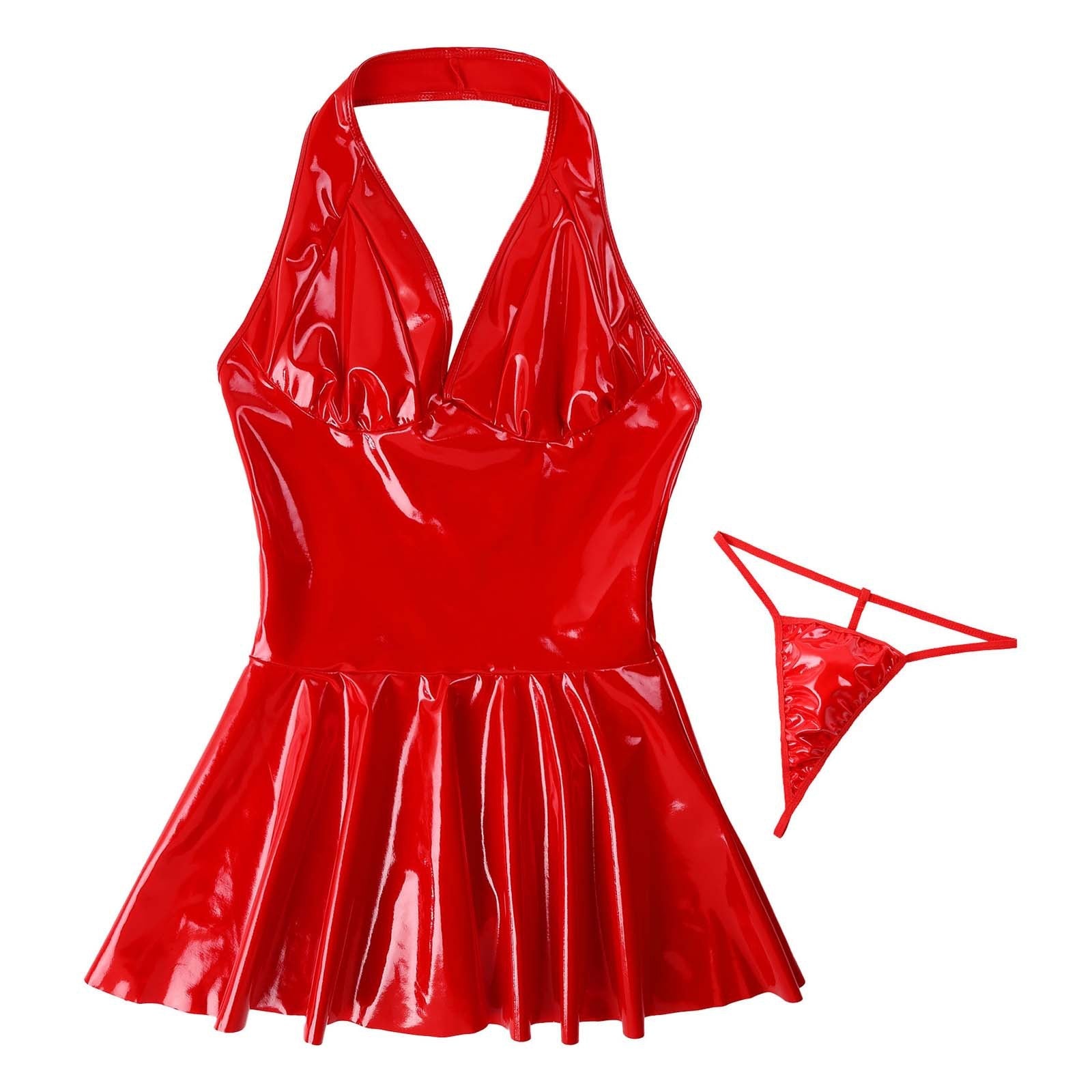 Sexy Backless Imitation Faux Leather Skirt Sexy Suit