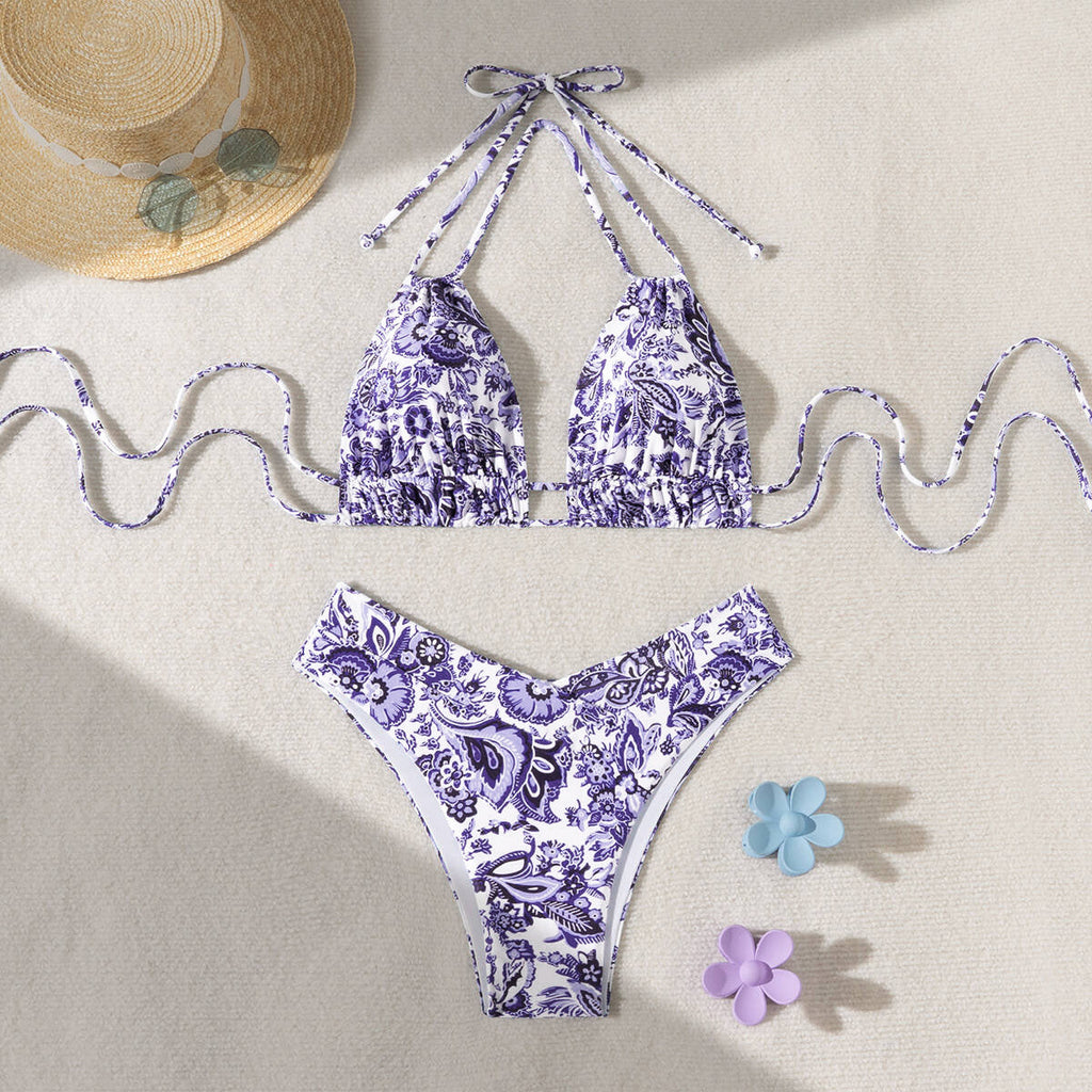 Solid Color Lace Up Adjustable Halter Top Sexy V Shaped Bottom Bikini
