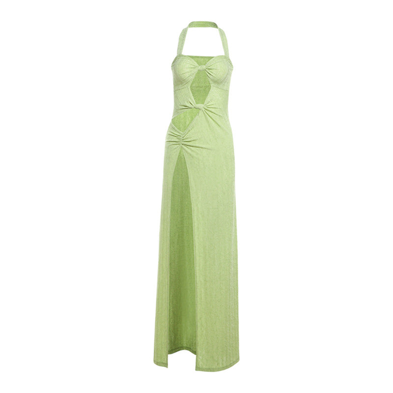 Spring Summer Women French Formal Dress Sexy Halter High Slit Dress Women
