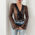 Sexy Bell Sleeve Lace Stitching Leopard Print Mesh Jumpsuit