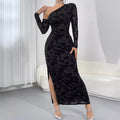 Flocking Oblique Shoulder Design Sheath Slim Fit Slimming Slit Elegant High End Dress