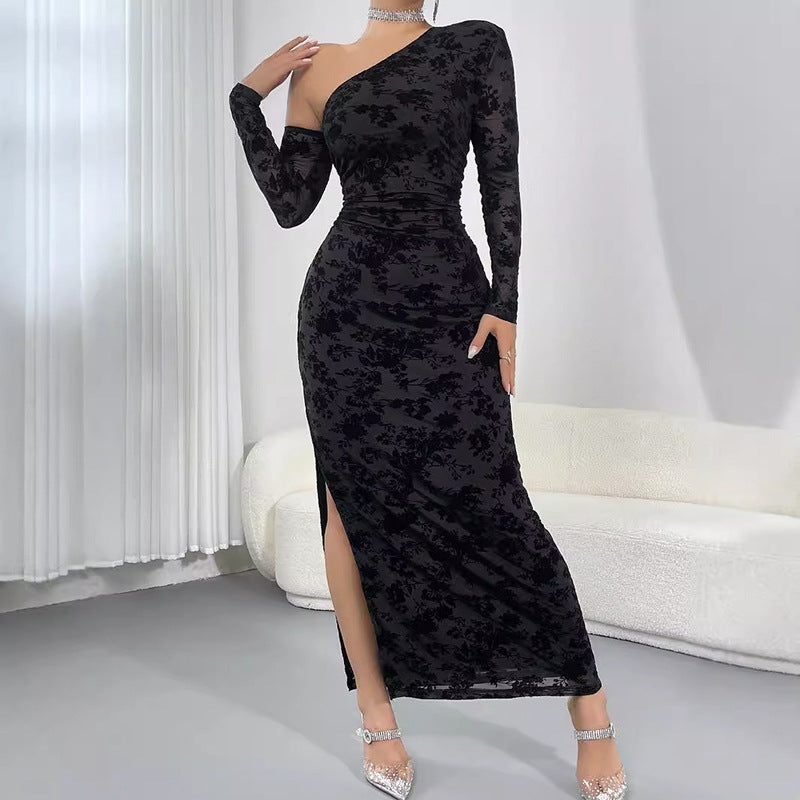 Flocking Oblique Shoulder Design Sheath Slim Fit Slimming Slit Elegant High End Dress