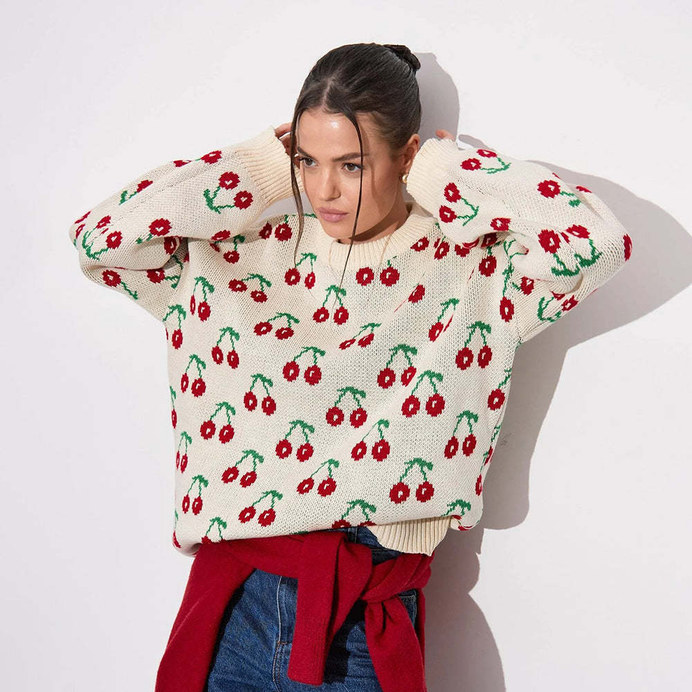 Cherry Printed Sweater Idle Loose Knitted Pullover Autumn Winter Sweet Cherry Sweater