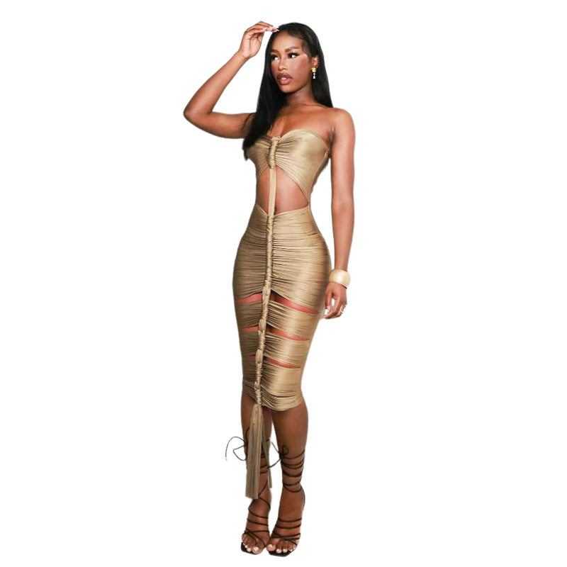Autumn Winter Women Sexy Cutout Slim Fit Backless Pleated Bright Tube Top Dress