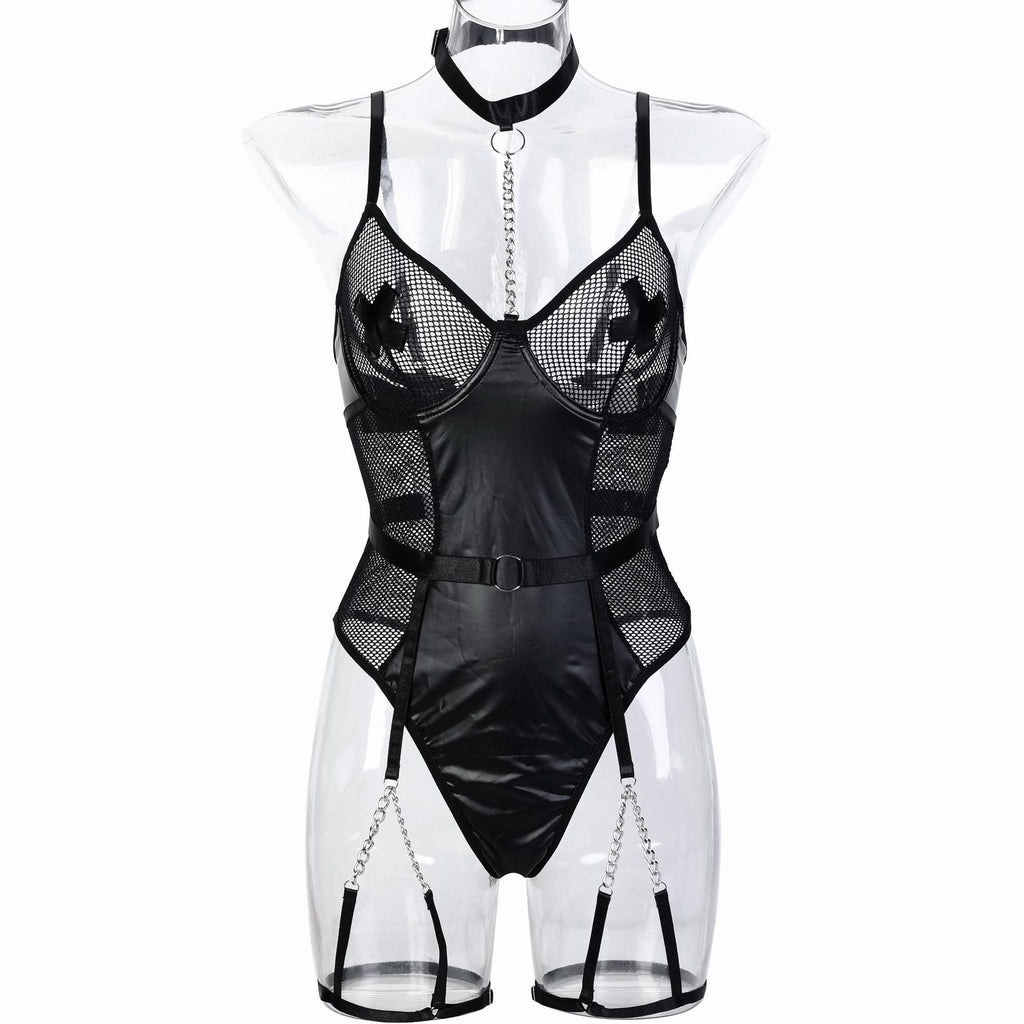 Motorcycle Faux Leather Paint Leather Stitching Mesh Hollow Out Cutout Perspective Cross Stickers Heavy Metal Chain Sexy Jumpsuit