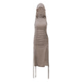 Summer Women Clothing Turtleneck Hooded Pleated Drawstring Tight Waist Sexy Cutout Slit Dress