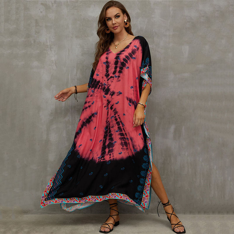 Rayon Positioning Printing Beach Cover Up V Neck Robe Vacation Skirt Bikini Cover
