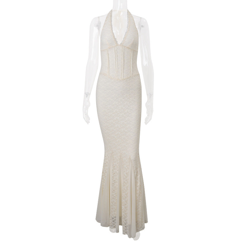 Women Clothing Summer French Sexy Solid Color High Waist Slim Hanging Neck Dress