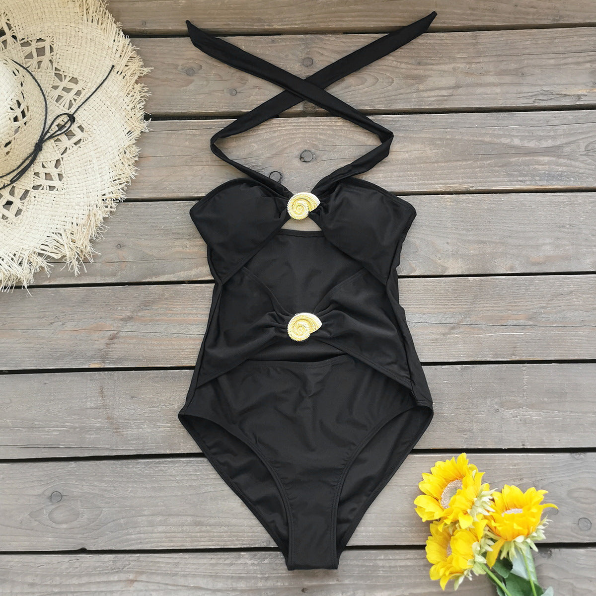 Sexy Tube Top Hollow Out Cutout out Pure Black Halter One Piece Swimsuit for Women One Piece Swimsuit