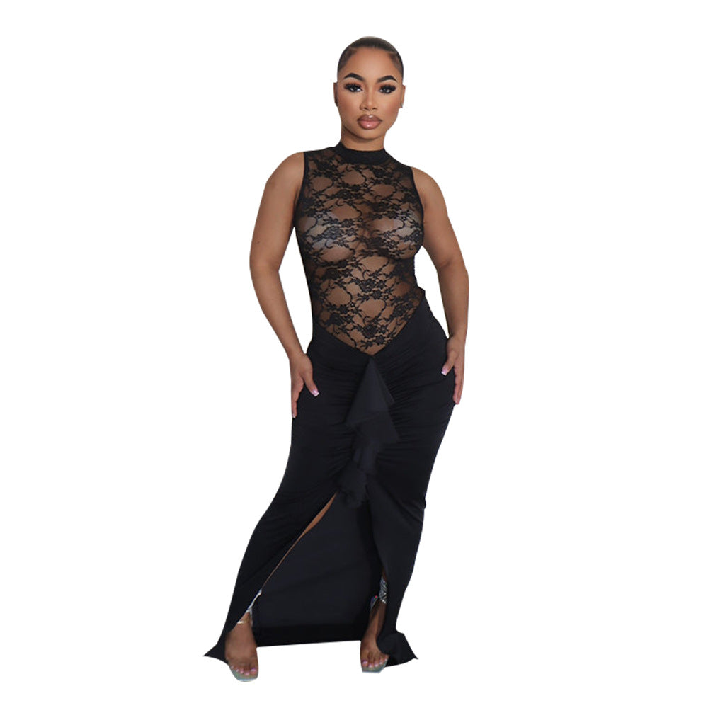 Sexy Women Clothing Sexy See through Lace Stitching Fishtail Dress