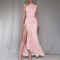 Diagonal Collar Single Room Dress Summer Waist Dress Slit Dress