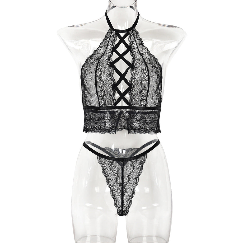 Women Clothing Thin Lace Sexy Cross Hollow Out Cutout Sexy Two Piece Set