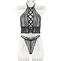 Women Clothing Thin Lace Sexy Cross Hollow Out Cutout Sexy Two Piece Set