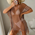 Contrast Color Sexy Loose Pullover V-neck Tassel Hollow Out Cutout out Beach Sun Protection Clothing Bikini Beach Cover-up Crochet hook