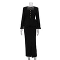 Women Square Collar Long Sleeve Cardigan Top Package Hip Skirt Two Piece Set