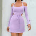 Halter Lace up Dress Sexy Backless Hollow Out Cutout out off Collar Long Sleeve Short Dress