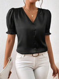 Satin V neck Buttons Shirt Spring Autumn French Casual Short Sleeve Ruffle Blouse