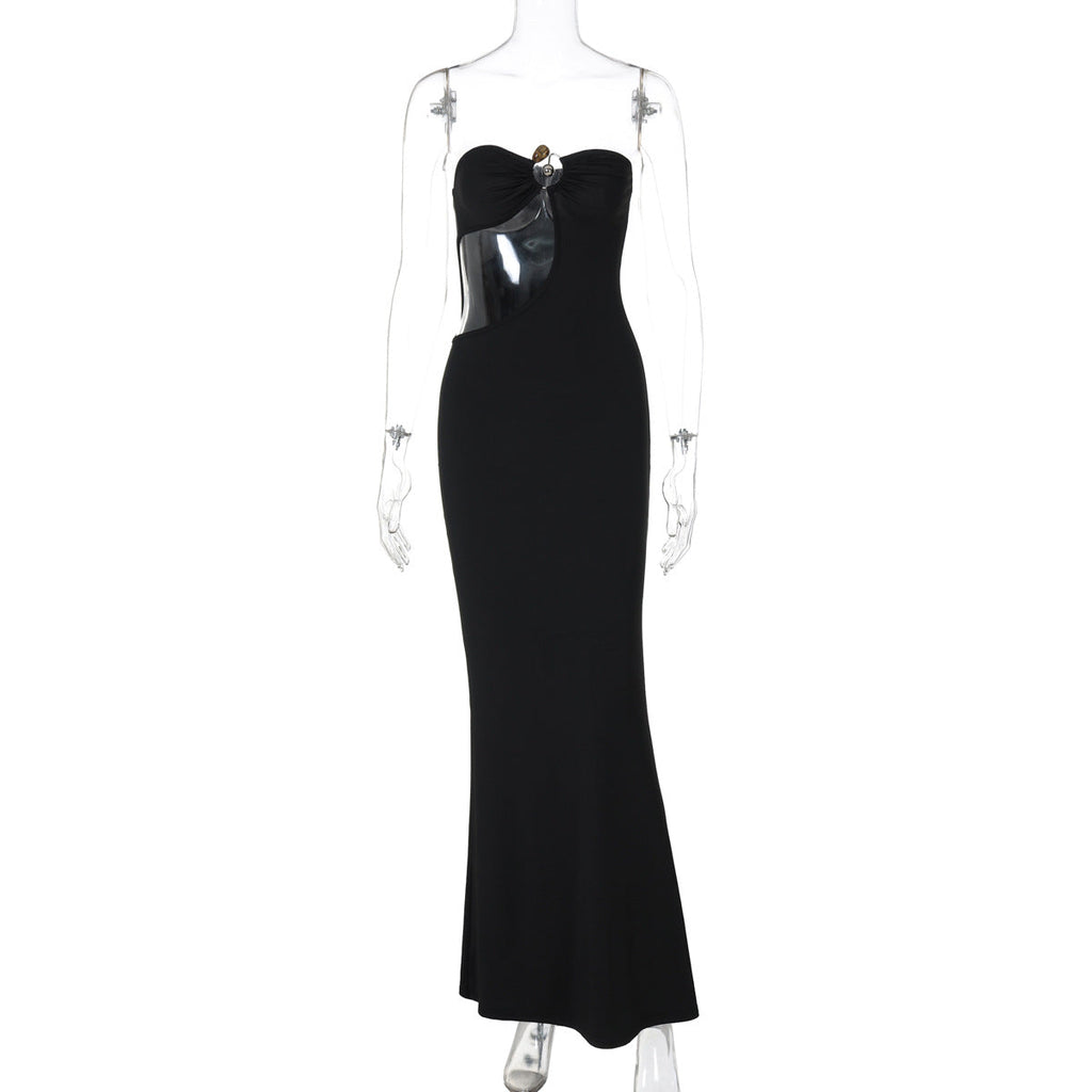 Summer Metal Decoration Stitching Hollow Out Cutout out Dress Sexy Slim Tube Top Dress Women