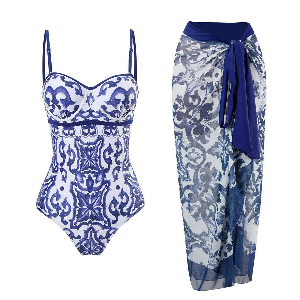 One Piece Swimsuit Women Skinny Slimming Vintage Printed Chiffon Dress with Steel Bracket Hard Bag Swimsuit