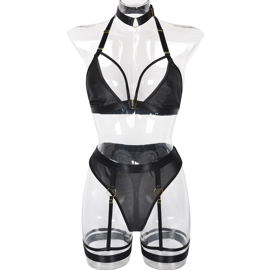 Sexy Three Piece Set Mesh Stitching Sexy Set Neck Neck Foot Ring