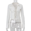 Women Clothing Autumn Street Polo Collar Cardigan Strap Long Sleeve Shirt Top