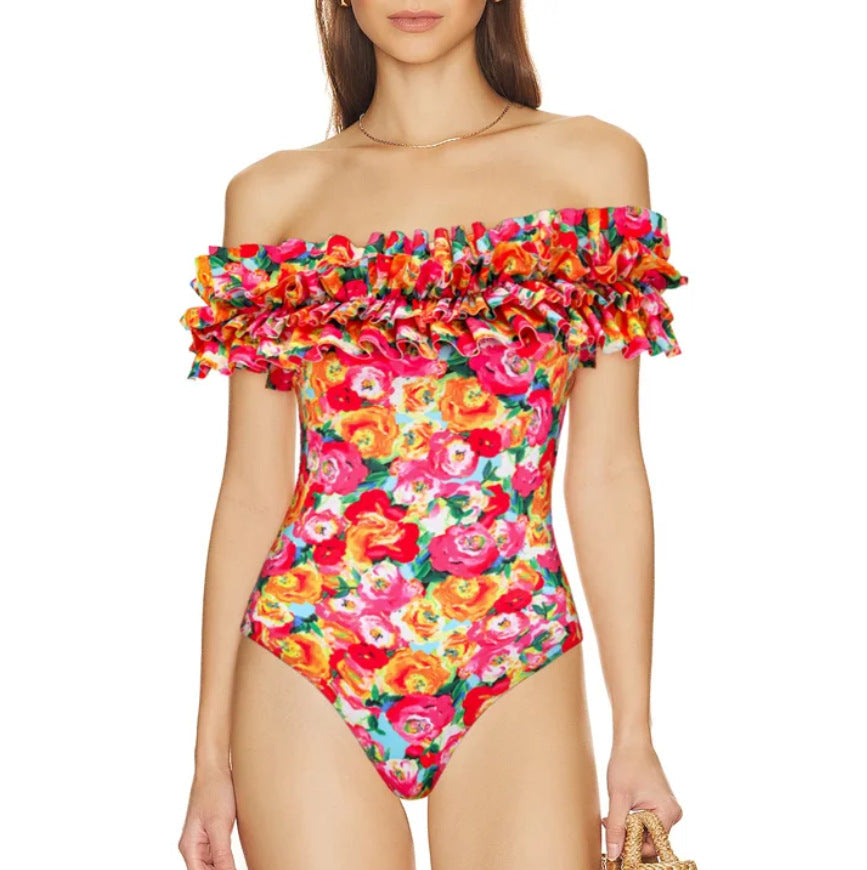 Printing French Retro One Piece Women Swimwear Set Cover Belly Slimming Swimsuit Vacation