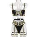 Sexy Underwear Three-Piece Set Gold Silver Silk Line Faux Leather Stitching Sexy Suit Women