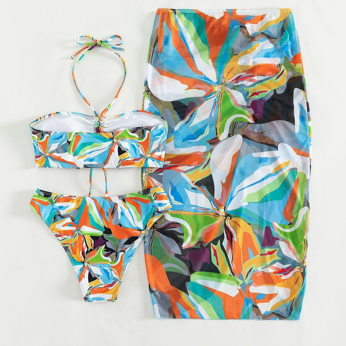 Split Bikini Three Piece Set Sexy Printed Lace up Drawstring Bikini