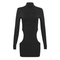 Spring Solid Color round Neck Long Sleeve Slim Fit Hollow Out Cutout Sexy Slim Fit Sexy Dress