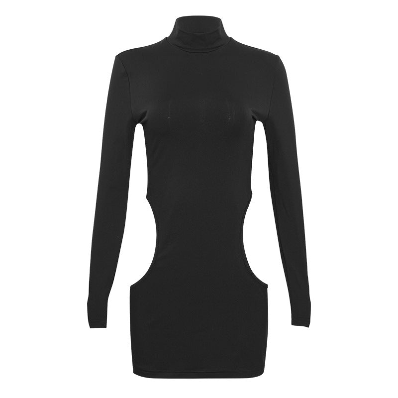 Spring Solid Color round Neck Long Sleeve Slim Fit Hollow Out Cutout Sexy Slim Fit Sexy Dress