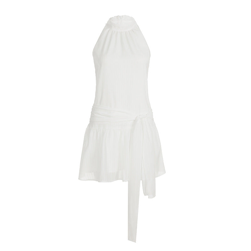 Gentle Girlish Halter round Neck Sleeveless Dress Waist Controlled Lace up Short Double Layer Flounced