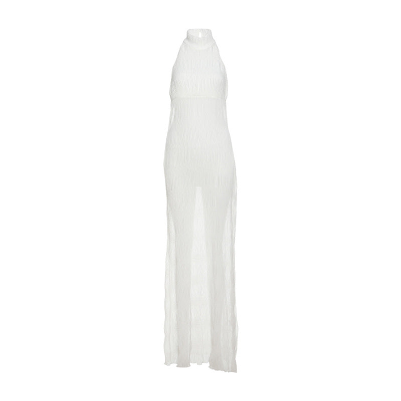 Spring Women Clothing Sexy Halter Backless Pleated Ruffle Sleeveless Dress Women