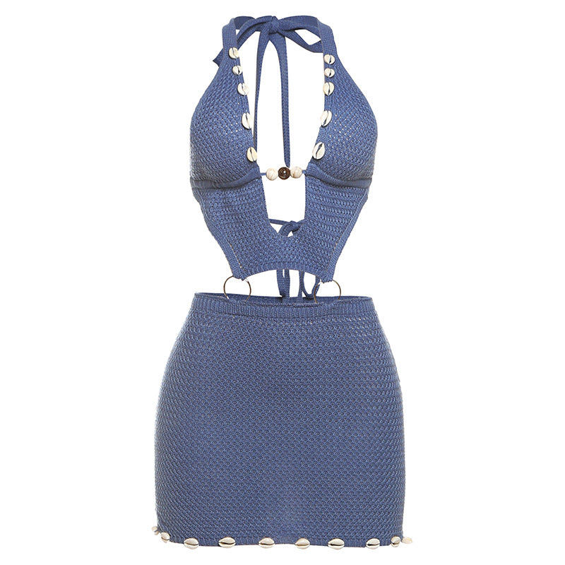 Women Clothing Spring Knitted Sexy Beaded Slim Sheath Halter Lace up Hollow Out Cutout Dress Women