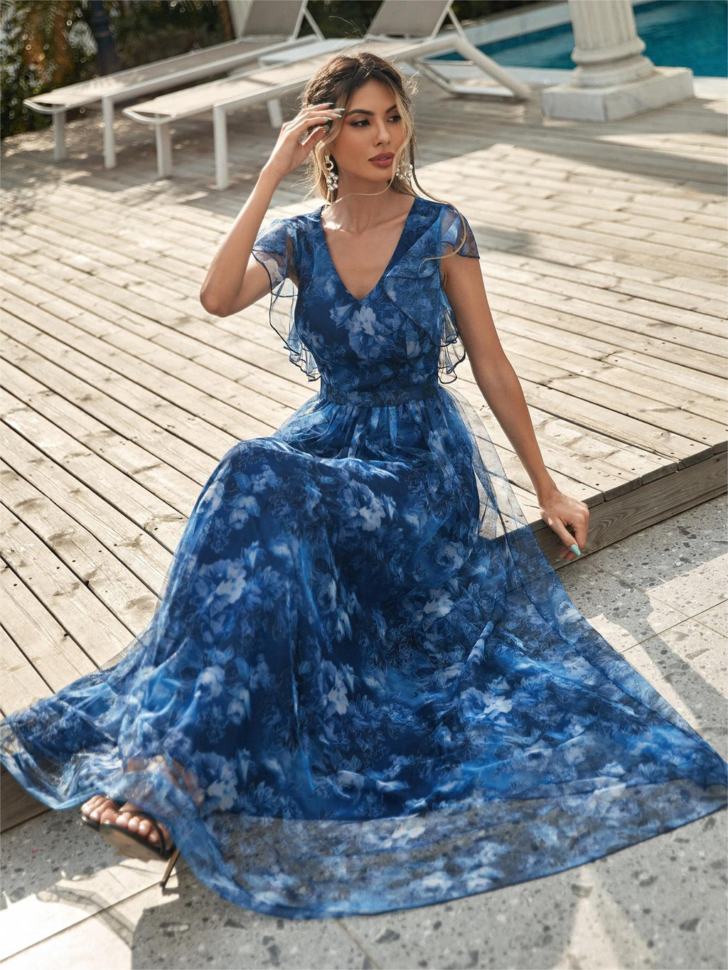 Evening Dress V neck Printed Mesh Ruffled Large Swing Party Dress Bridesmaid Dress Dance Dress Spring A Line