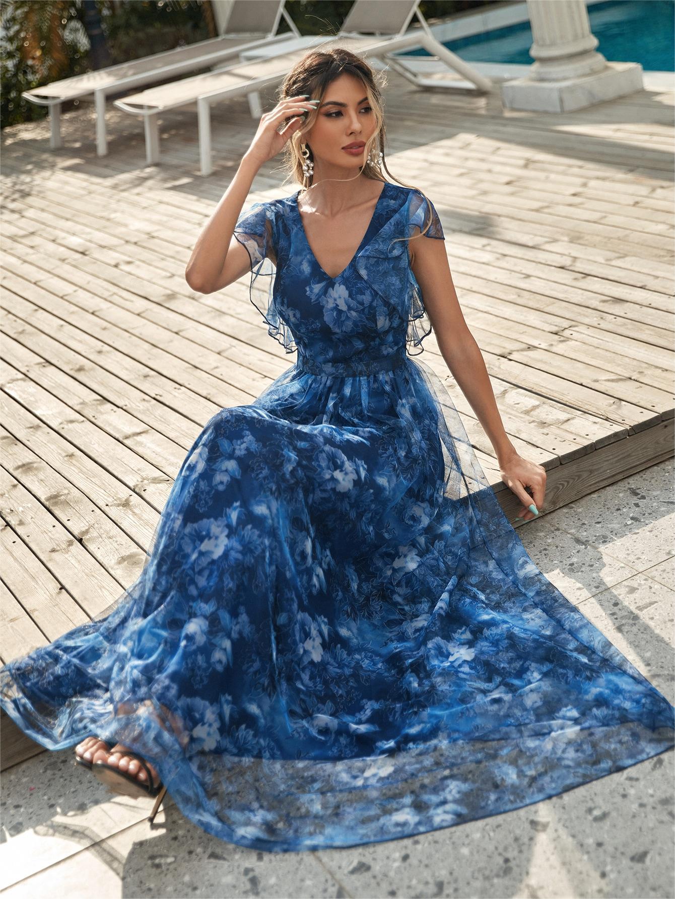 Evening Dress V neck Printed Mesh Ruffled Large Swing Party Dress Bridesmaid Dress Dance Dress Spring A Line