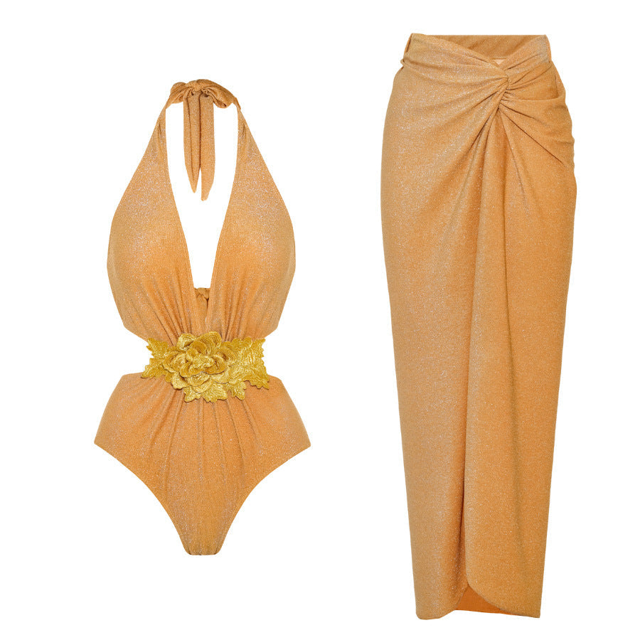 Golden Bright Surface One Piece Swimsuit Women Halter Deep V Plunge Strap Simple Sexy