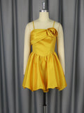 High Grade Sling Three Dimensional Floral Short Dress Sexy Elegant Golden Party Evening Dress