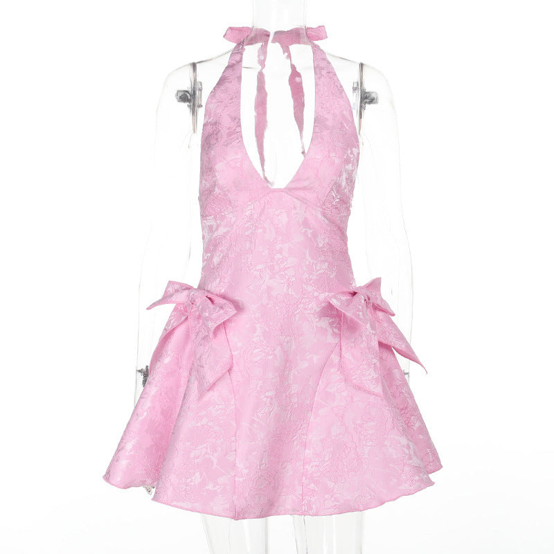 Sexy Sleeveless Halter Jacquard V neck Jacquard Bow Socialite Dress