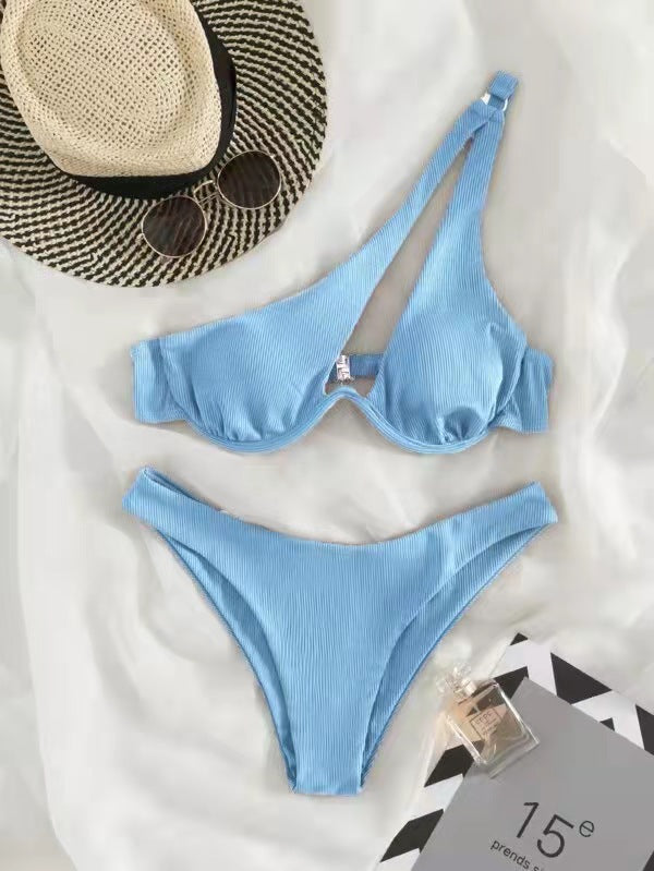 Sexy Women Seperated Swimwear Solid Color One Shoulder Underwire Bikini