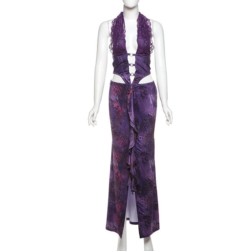 Spring Women Clothing Sexy V neck Halter Lace Stitching Faux Two Pieces Dress