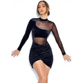 Autumn Winter Women Clothing Sexy Mesh Stitching Gold Velvet Ruffle Hip Dress