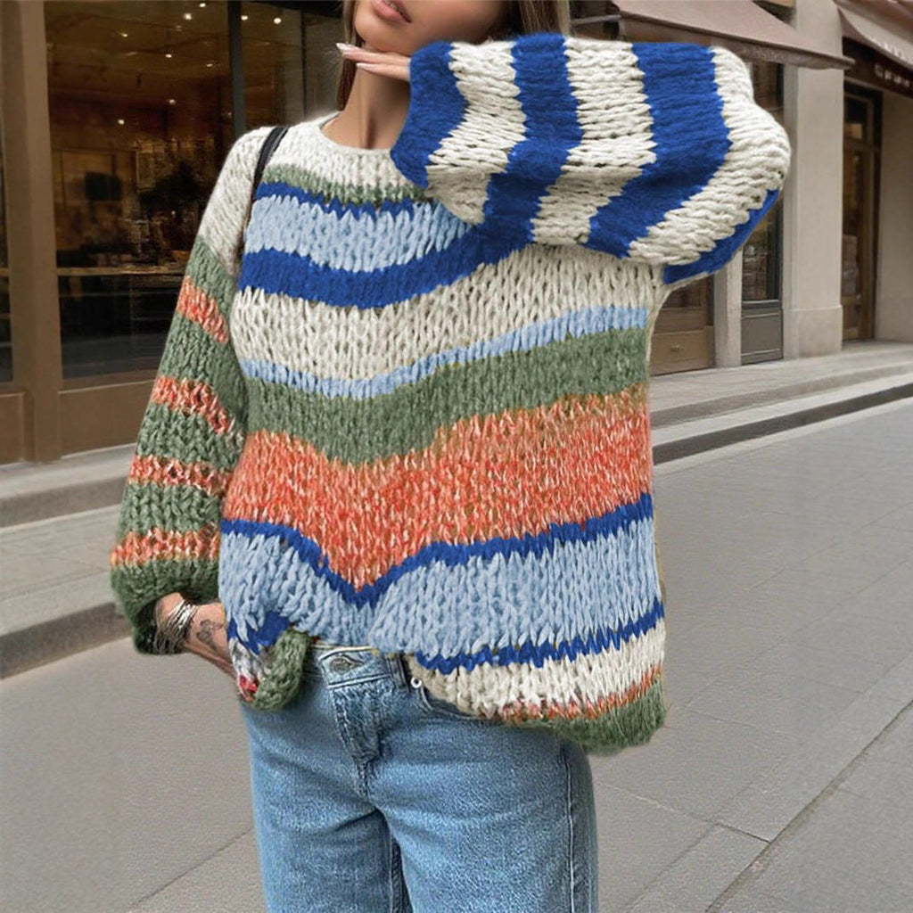 Women Clothing Sweater Rainbow Striped Knitted Pullover Retro Loose Street