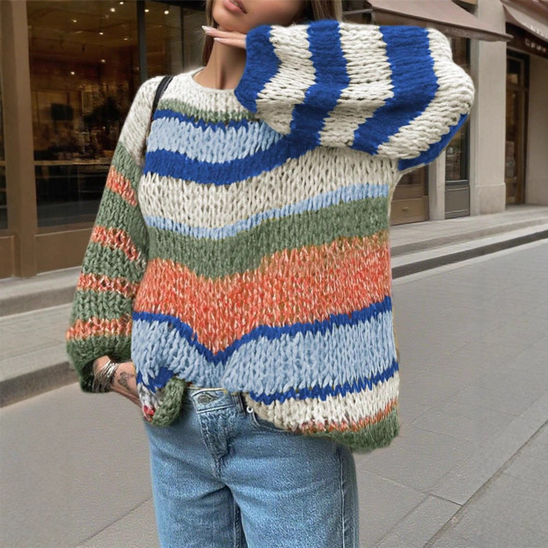 Women Clothing Sweater Rainbow Striped Knitted Pullover Retro Loose Street