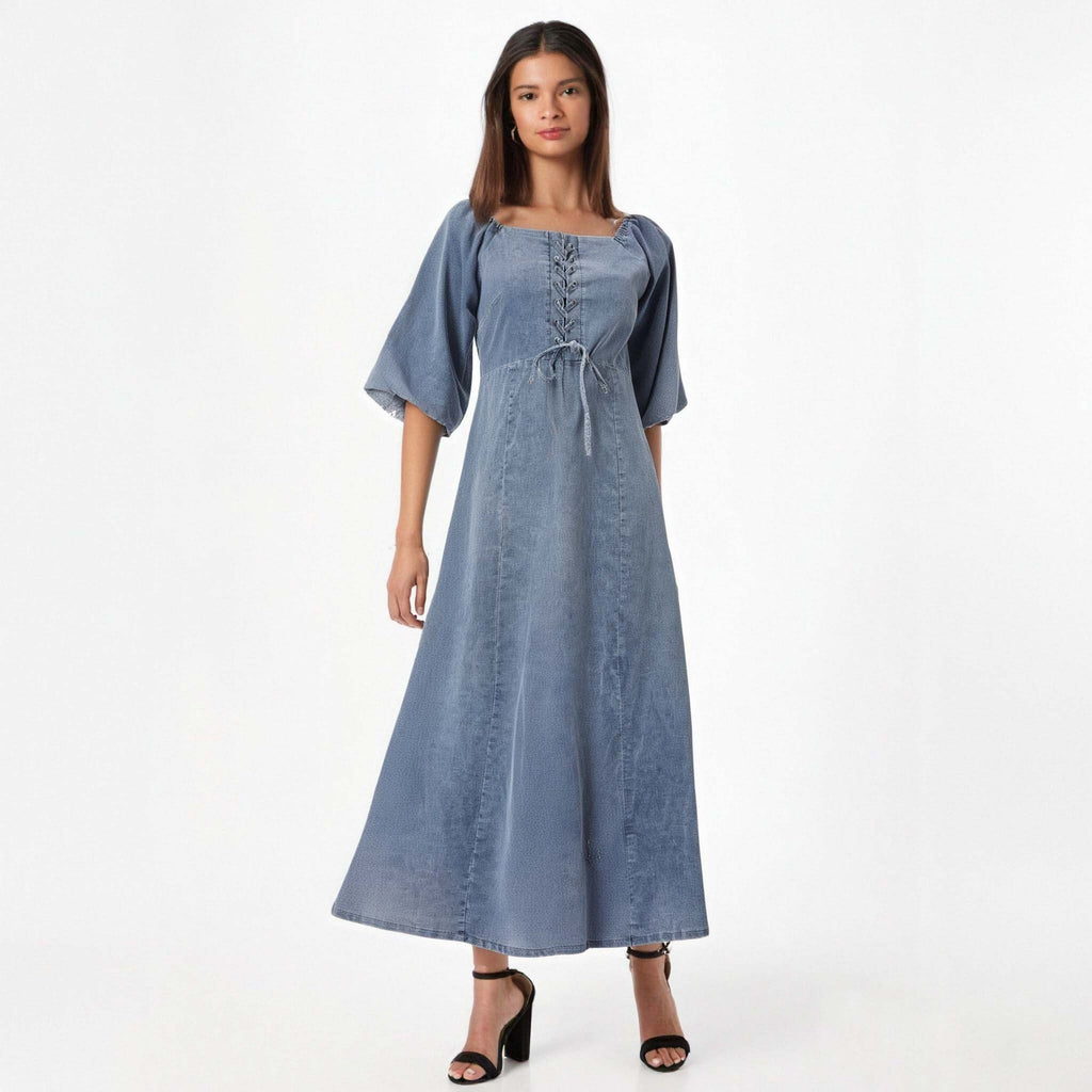 Square Mouth Long Sleeve Lantern Sleeve Waist Tight Solid Color Long A line Denim Thin Dress