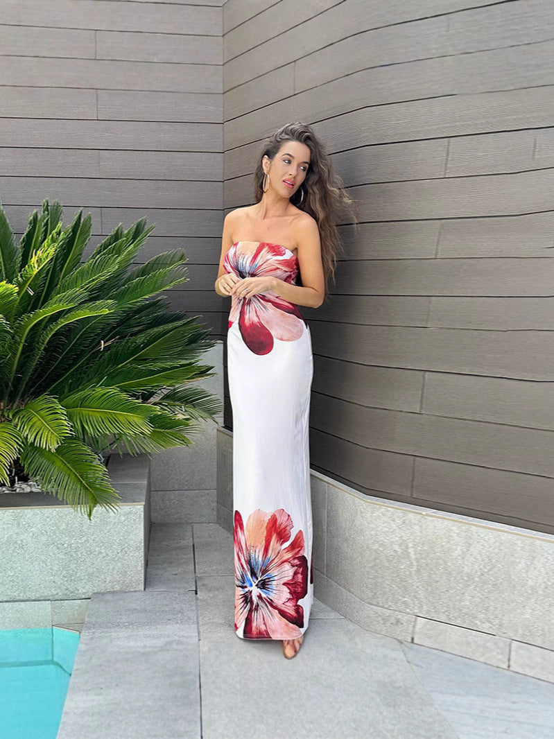 Floral Tube Top Printing Dress Women Summer Elegant Slim Fit Sheath Dress