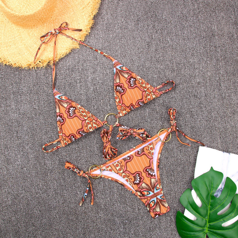 Sexy Metal Three Ring Bikini Solid Color Printing Strap Split Swimsuit for Women