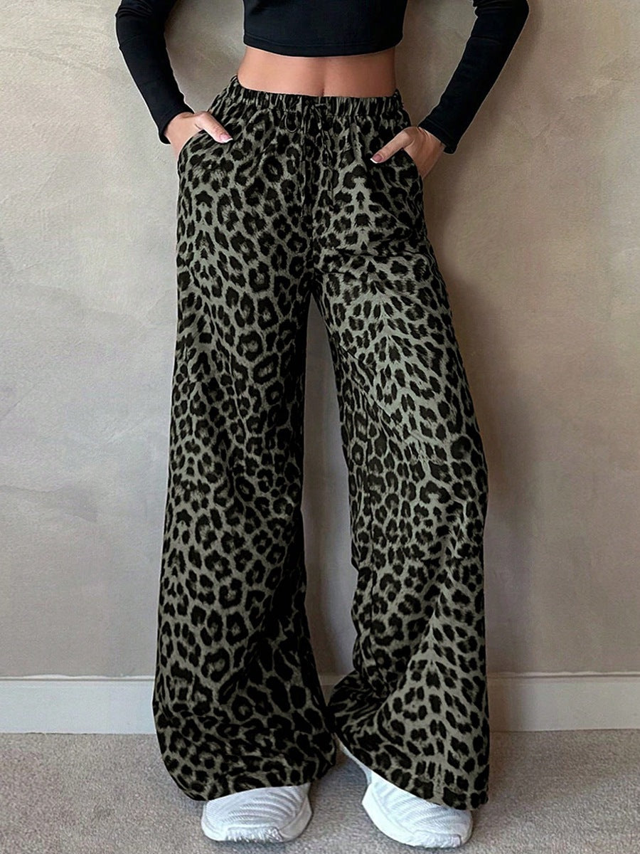Women Clothing Satin Casual Pants Fall High Waist Leopard Print Loose Straight Satin Wide Leg Pants