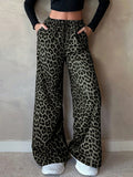 Women Clothing Satin Casual Pants Fall High Waist Leopard Print Loose Straight Satin Wide Leg Pants