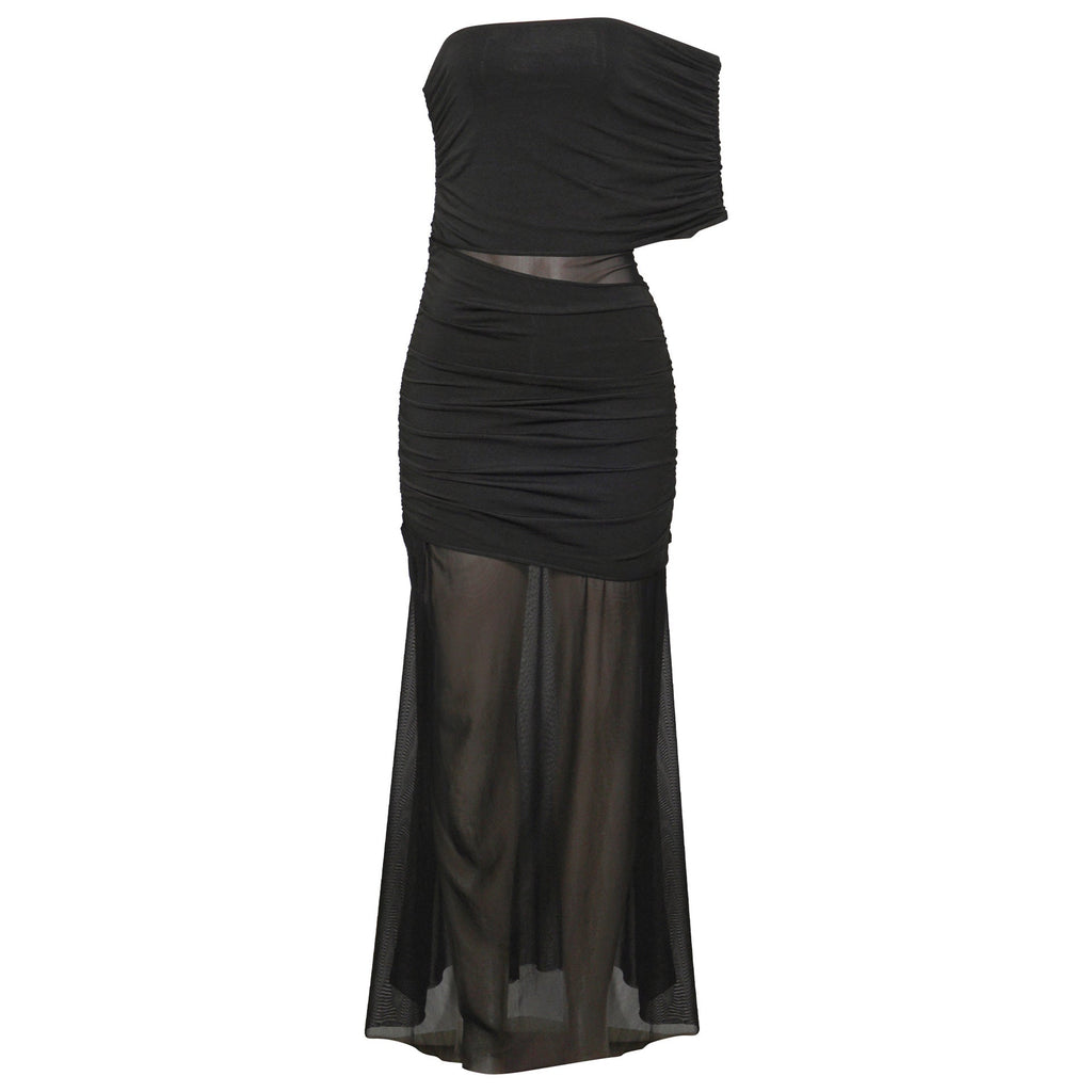 Spring Diagonal Collar Cold Shoulder Elegant Sexy Mesh Stitching Slim Dress