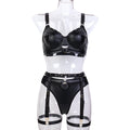 Punk Series Three Piece Set of Sexy Lingerie Black Faux Leather Subdued Leather Metal Stamping Heavy Industry